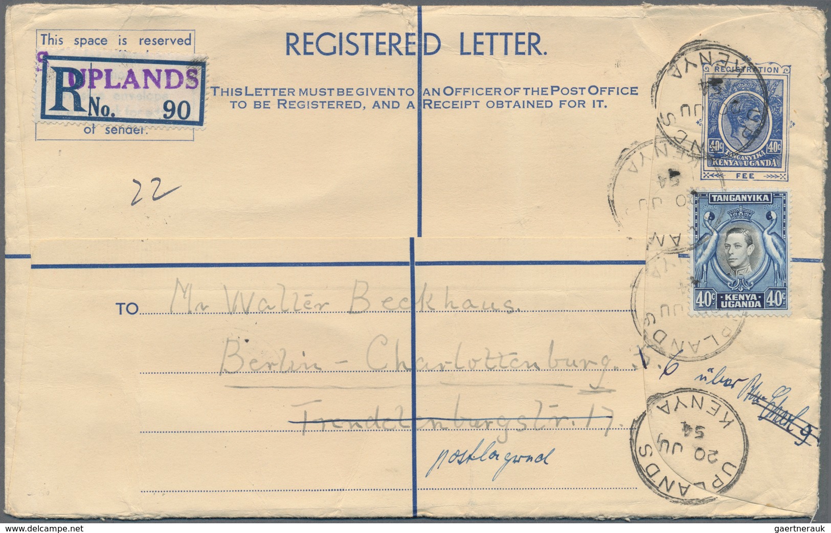 Ostafrikanische Gemeinschaft: 1954 (20.6.), Registered Letter KGVI 40c. Blue Uprated With Crowned Cr - Britisch-Ostafrika