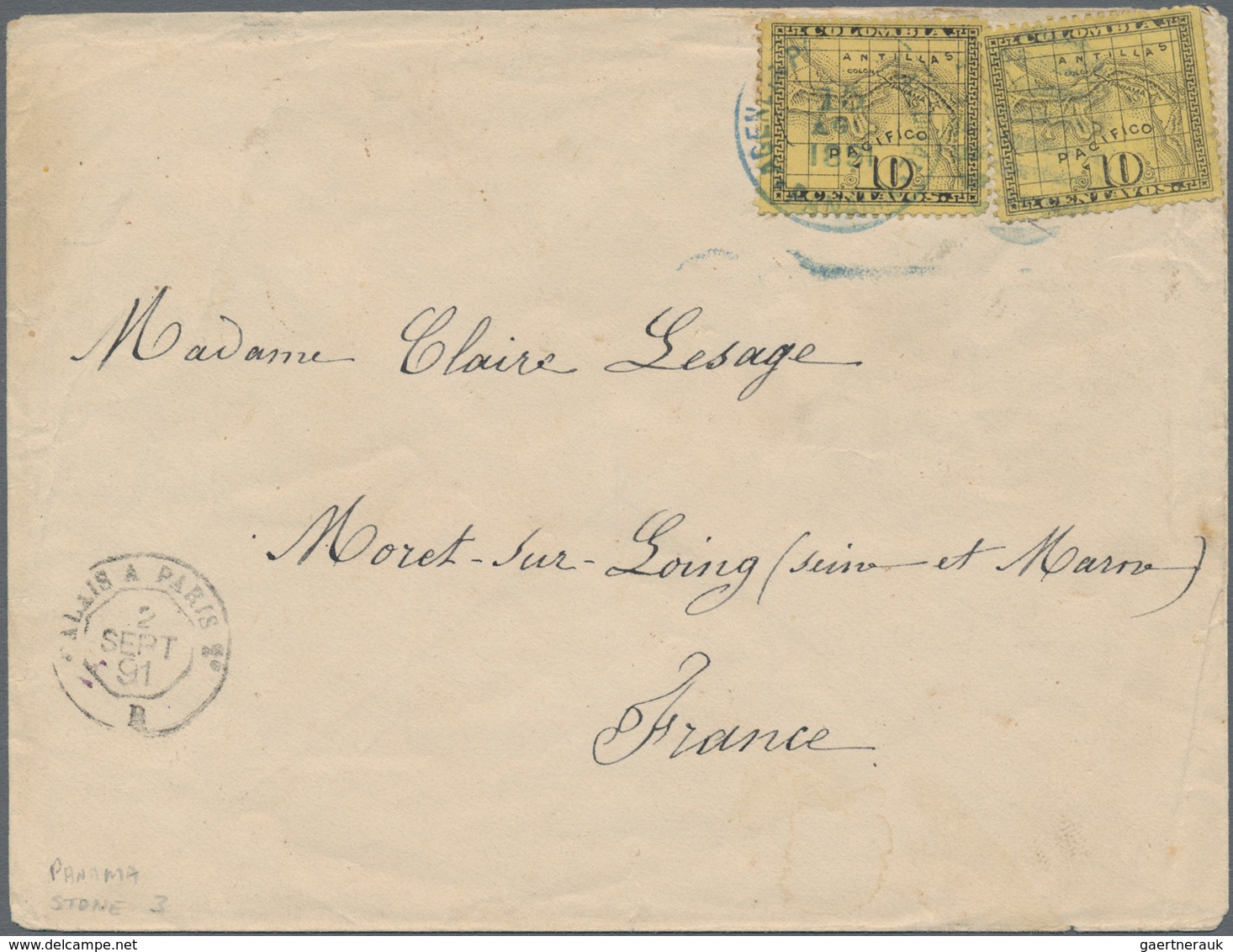 Panama: 1887 10c. Black On Yellow, Two Singles From Stone III, Used On Cover From Panama To Moret-Su - Panama