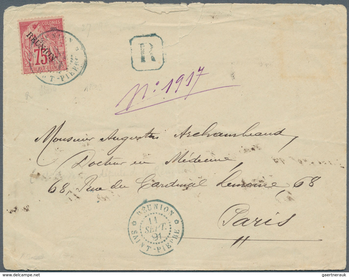 Reunion: 1891, 75 C. Red, 'Allegorie" Overprinted "REUNION" On Front Of A Registered Cover, Extraord - Briefe U. Dokumente