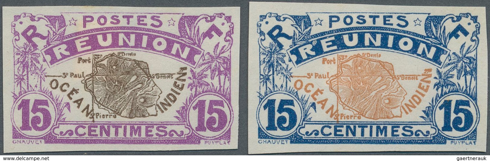 Reunion: 1917, Definitives "Pictorials", 15c. "Map", Two Imperforate Proofs In Colours "lilac/brown" - Brieven En Documenten