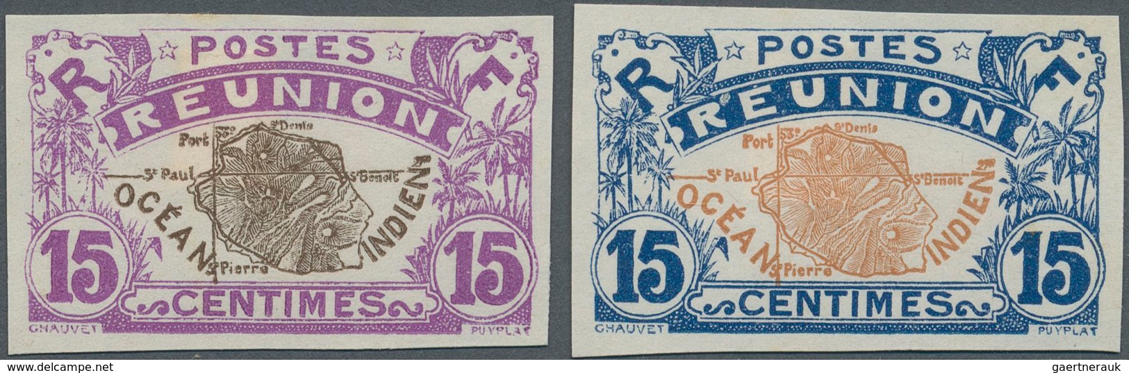 Reunion: 1917, Definitives "Pictorials", 15c. "Map", Two Imperforate Proofs In Colours "lilac/brown" - Covers & Documents