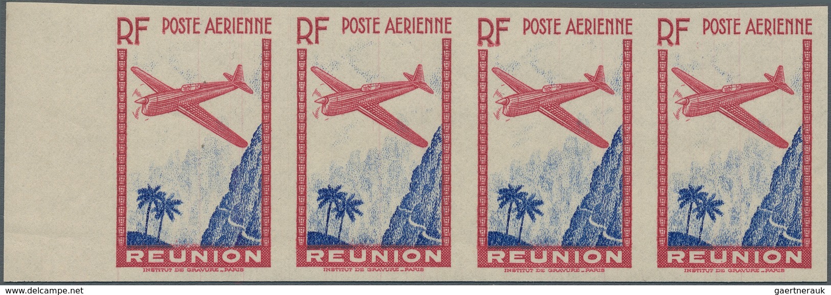 Reunion: 1938, Airmails 9.65fr. Carmine/ultramarine, Imperforate Horizontal Strip Of Four Without Va - Storia Postale