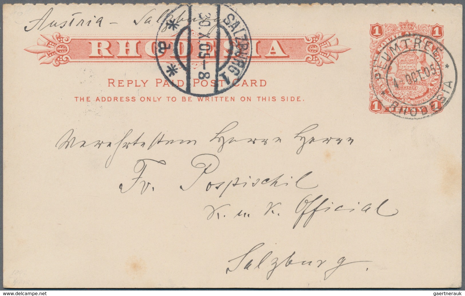 Rhodesien: 1905 (4.10.), Reply-postcard 1d.+1d. Coat Of Arms Used From PLUMTREE To Salzburg/Austria - Sonstige & Ohne Zuordnung