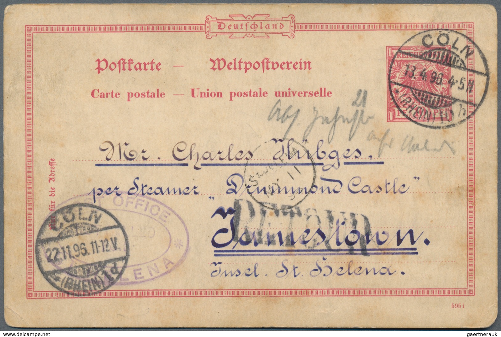 St. Helena: 1896, Incoming Mail From Germany: Stationery Card 10pfg. Red (slight Ageing Marks Mentio - Sint-Helena
