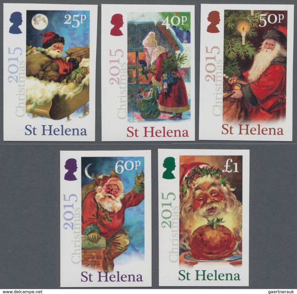 St. Helena: 2015, Christmas 'Father Christmases (Santa Claus)' Complete IMPERFORATE Set Of Five, Min - Sint-Helena