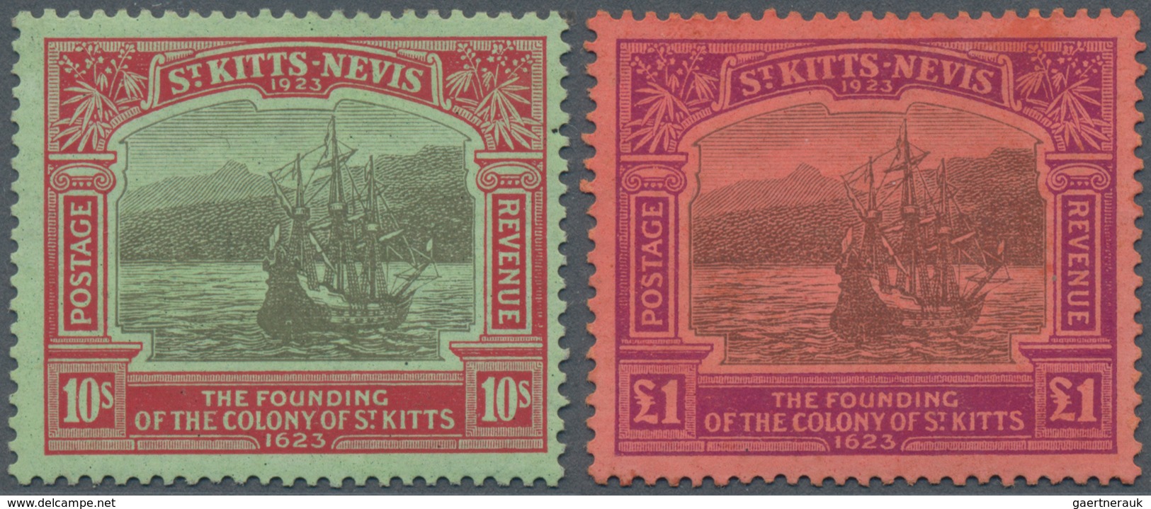 St. Kitts-Nevis: 1923, Tercentenary 10s. Black And Red/emerald And £1 Black And Purple/red, Two Key - St.Kitts Und Nevis ( 1983-...)