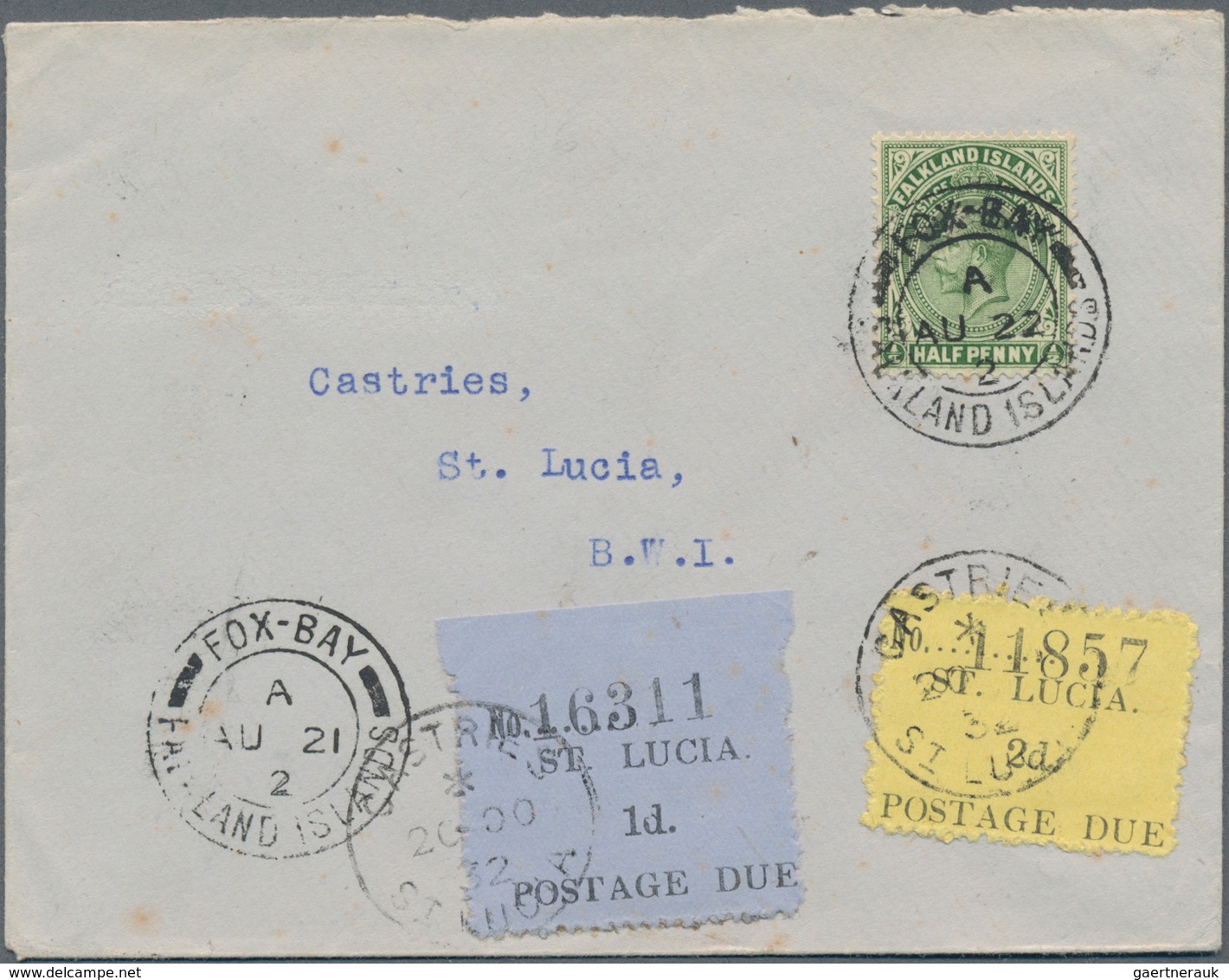 St. Lucia - Portomarken: 1930 Postage Dues 1d. And 2d. Together On Insuff. Franked Cover From Fox Ba - St.Lucia (1979-...)