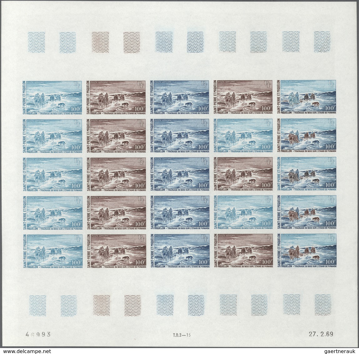 St. Pierre Und Miquelon: 1969. Complete Airmail Set (2 Values) In 2 Color Proof Sheets Of 25 Showing - Andere & Zonder Classificatie