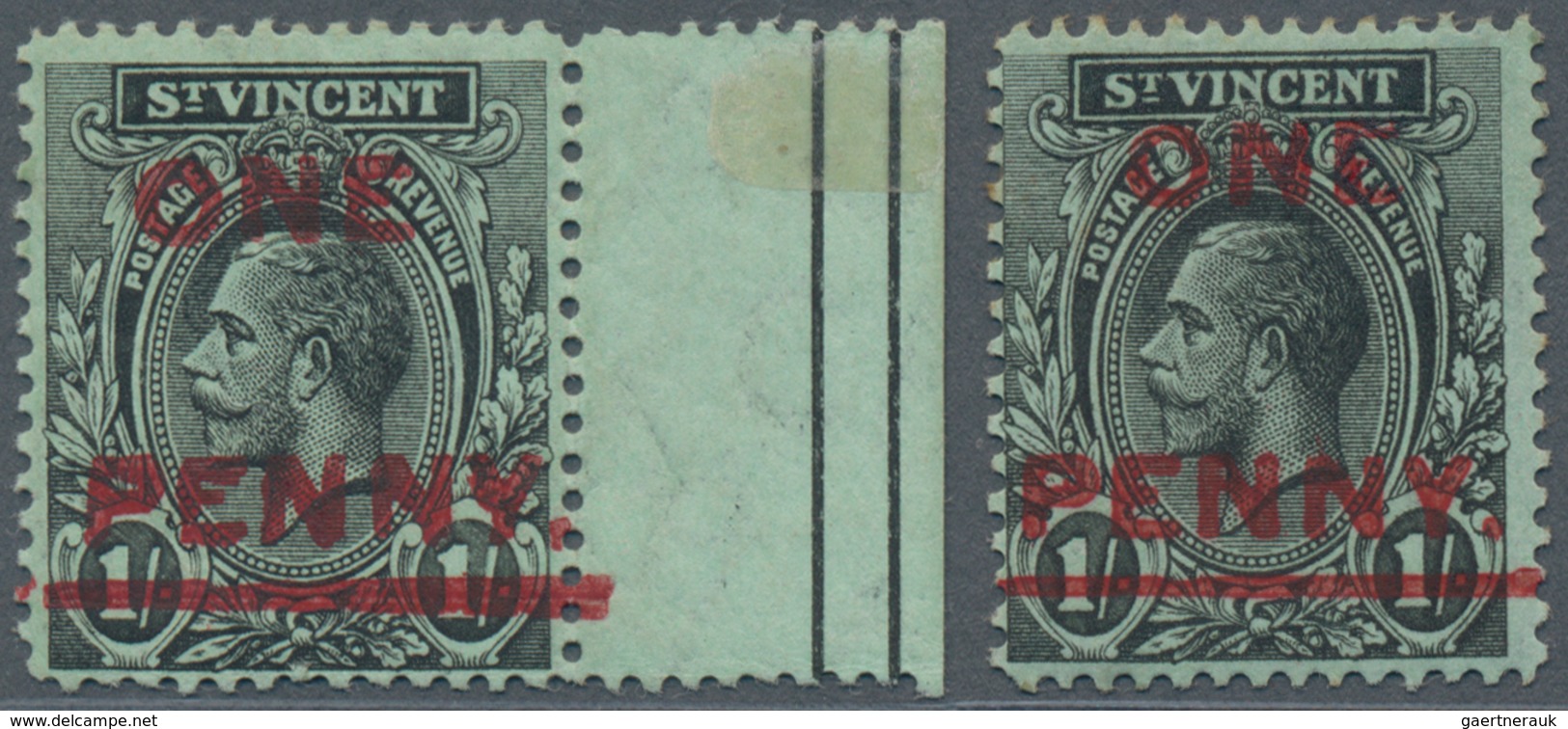 St. Vincent: 1915, KGV 1s. Black/green Locally Surcharged 'ONE PENNY' With Variety 'PENNY' And Bar D - St.Vincent (1979-...)