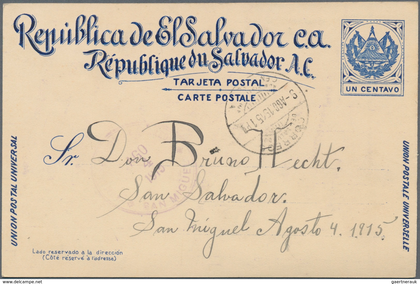 El Salvador: 1915, Two Stationery Cards: "Un Centavo" Green And Blue Both Commercially Used From San - El Salvador