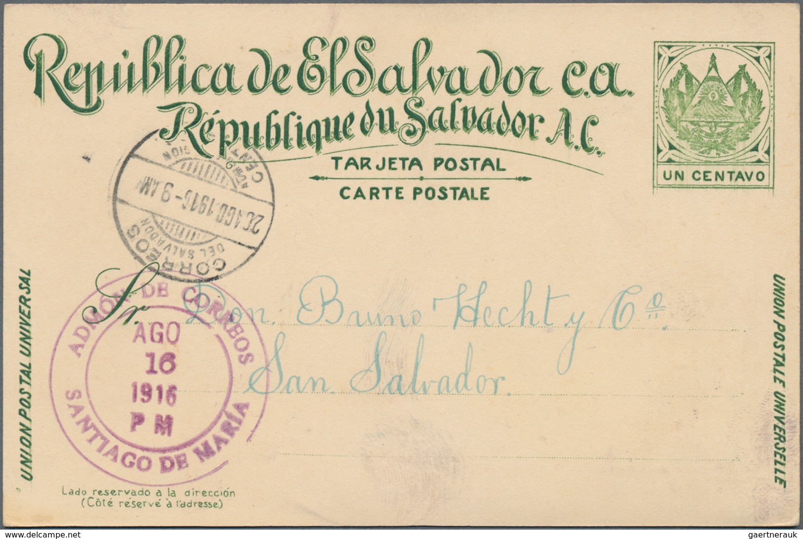 El Salvador: 1915, Two Stationery Cards: "Un Centavo" Green And Blue Both Commercially Used From San - El Salvador