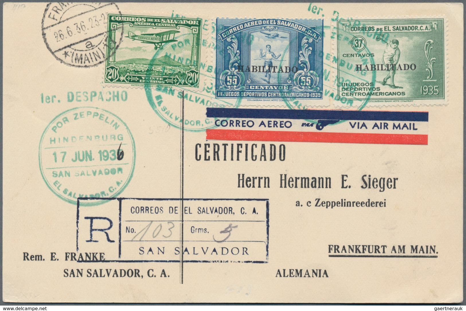 El Salvador: 1936, SALVADOR/3. NAF 1936: R-Luxus-Zuleitungspost Mit Sonderbestätigungsstempel "1er D - El Salvador