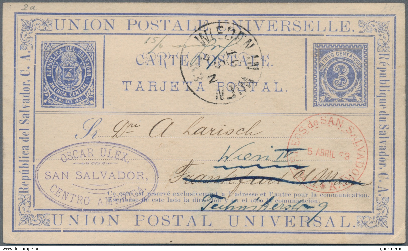 El Salvador - Ganzsachen: 1883, Stationery Card 3 C With Red Double Cds "CORREOS DE SAN SALVADOR 5 A - El Salvador