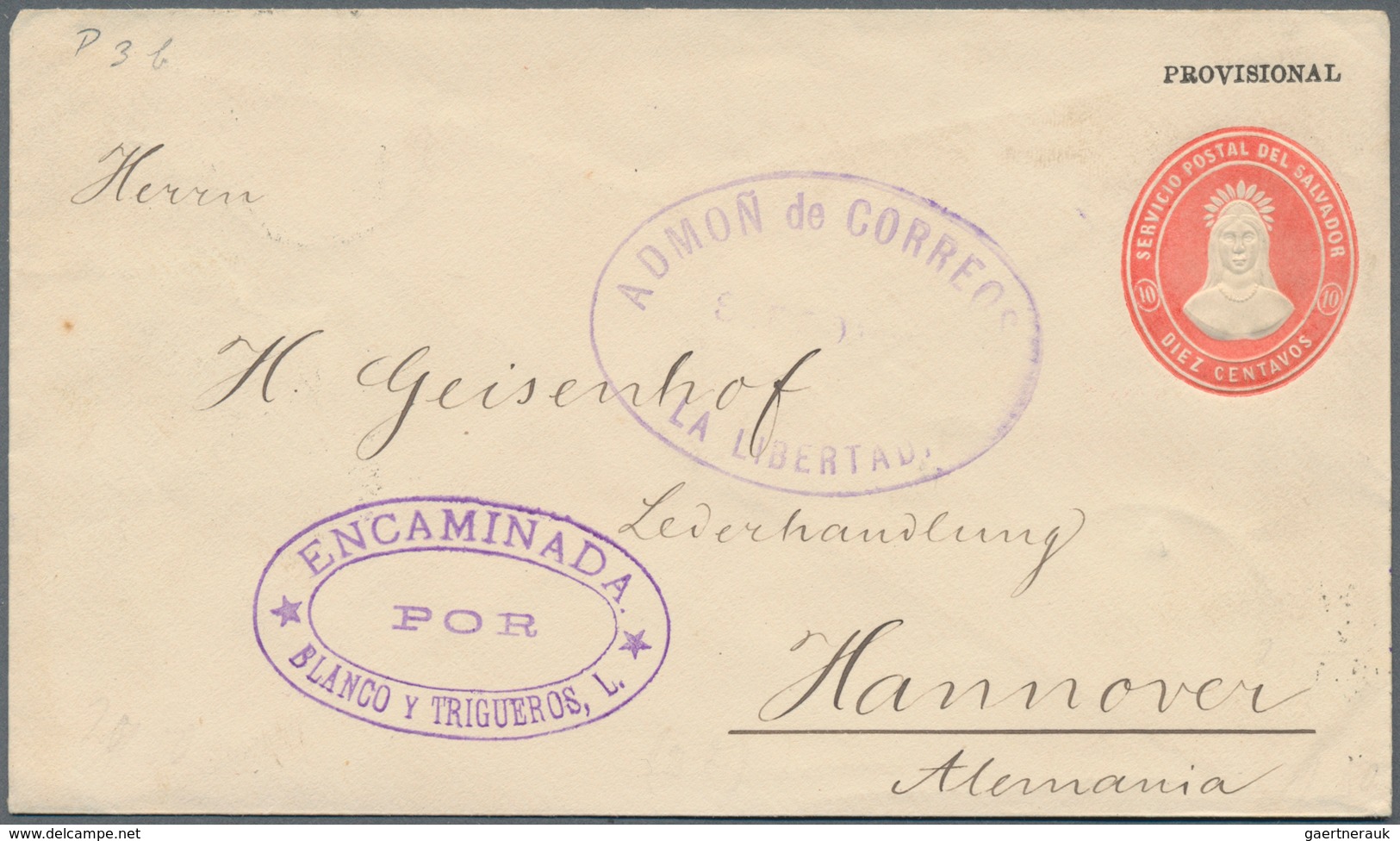 El Salvador - Ganzsachen: 1887, Stationery Envelope On Private Order: Native Indian 10 C Red "PROVIS - El Salvador