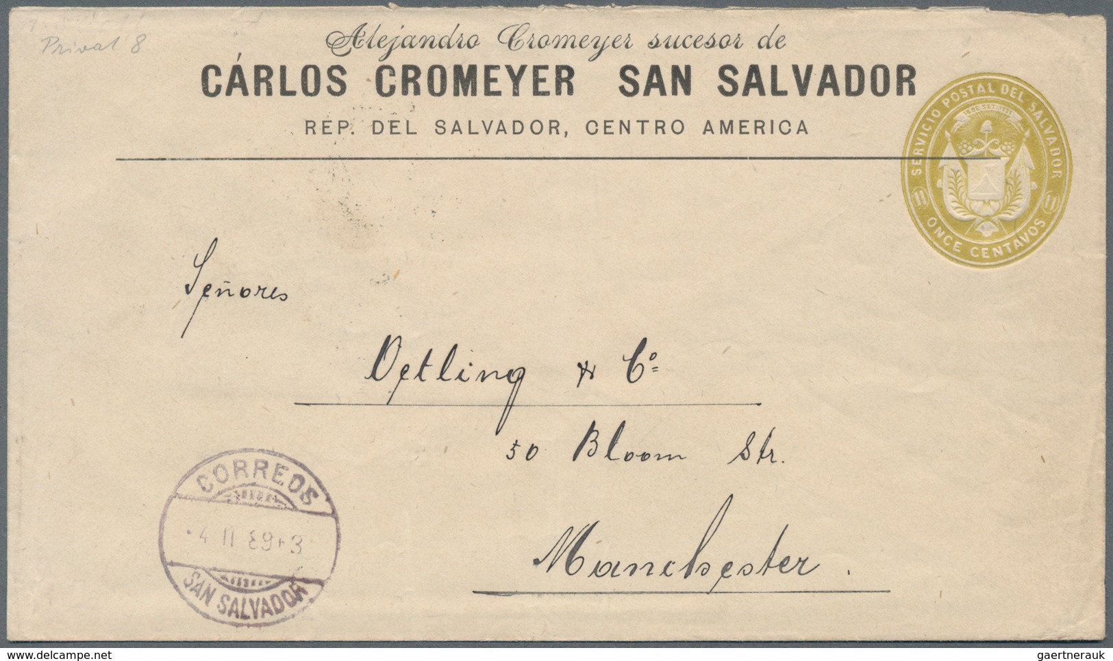 El Salvador - Ganzsachen: 1887, Stationery Envelope On Private Order: Coat Of Arms 11 C Greenish-yel - El Salvador