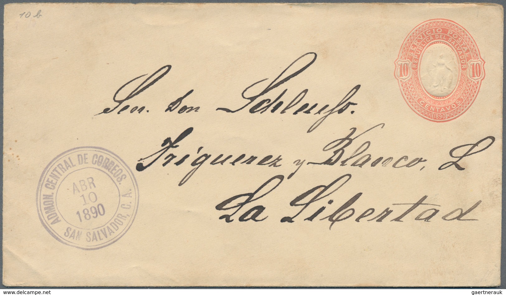 El Salvador - Ganzsachen: 1890, Two Stationery Envelopes: Embossed Liberty 10 C Orange On Buff And 1 - El Salvador