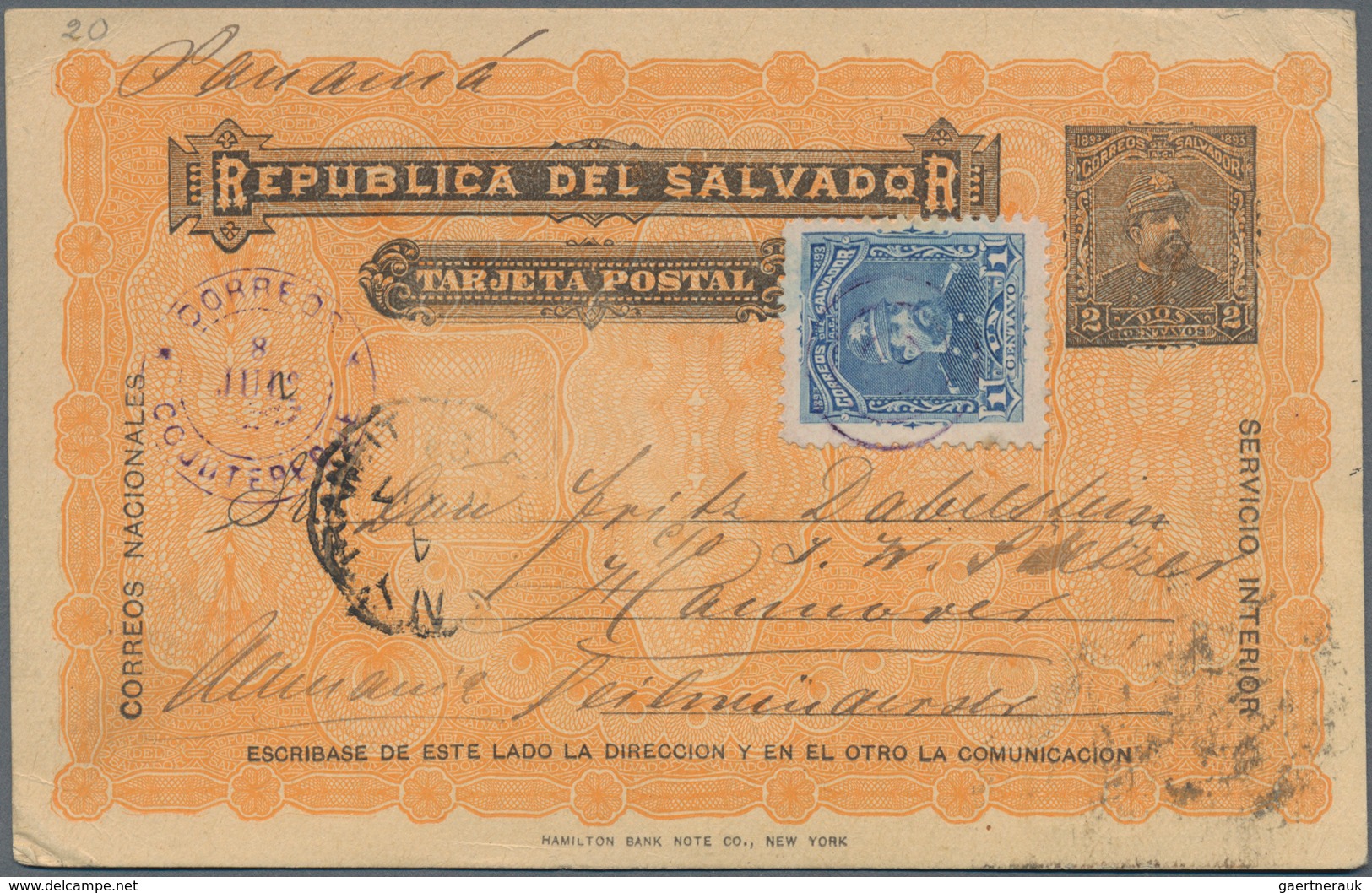 El Salvador - Ganzsachen: 1893, Two Stationery Cards: 3 C And 2 C Uprated 1 C Sent From "SANTA ANA D - El Salvador