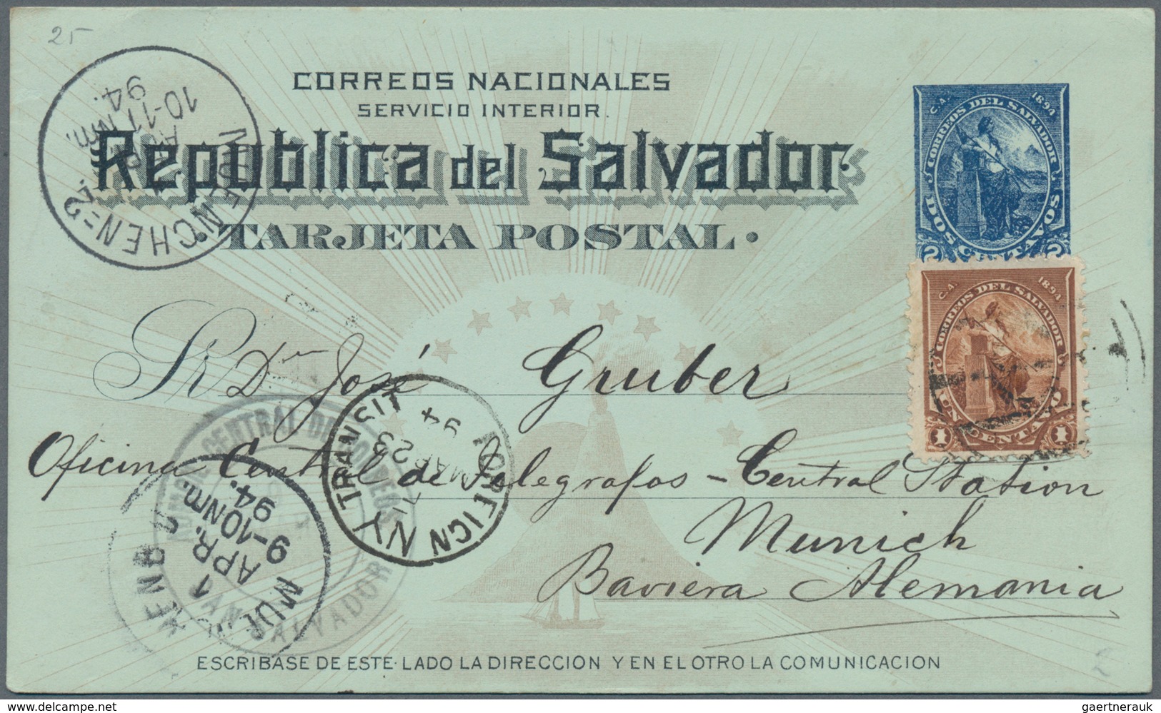 El Salvador - Ganzsachen: 1894, Two Stationery Cards: 1 C Uprated 2 C And 2 C Uprated 1 C Both Sent - El Salvador