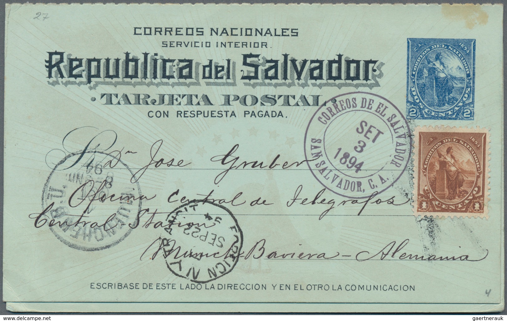 El Salvador - Ganzsachen: 1894, Two Stationery Double-cards: 2 C Uprated 1 C And 3 C Both Sent From - El Salvador