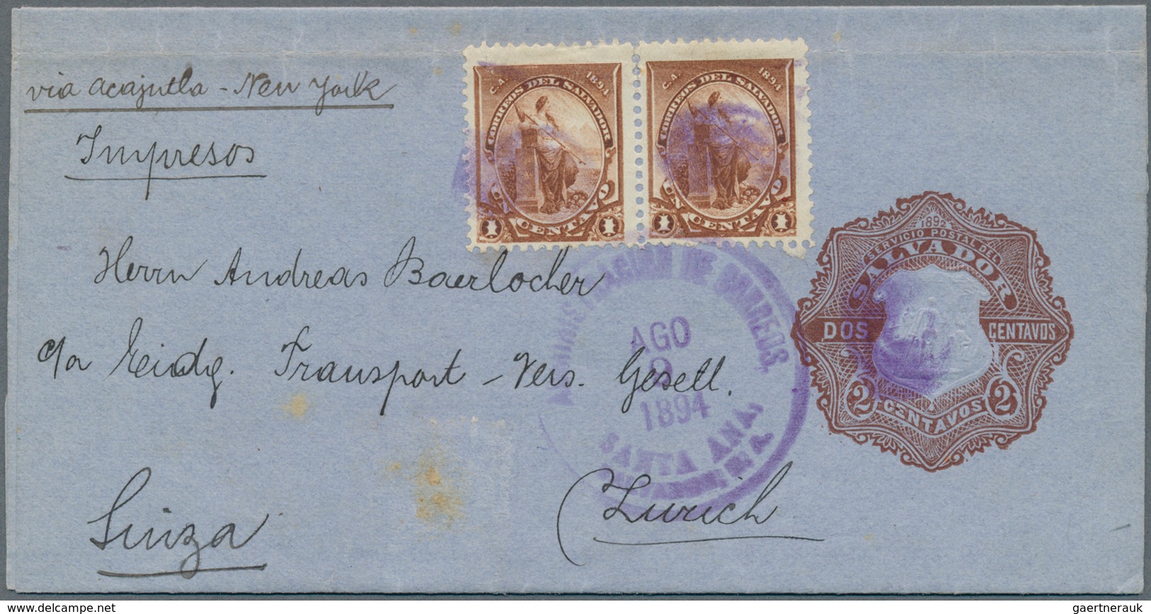 El Salvador - Ganzsachen: 1894, Wrapper 2 C. Brown Uprated 1 C. Brown (pair) Canc. Duplex "SANTA ANA - El Salvador