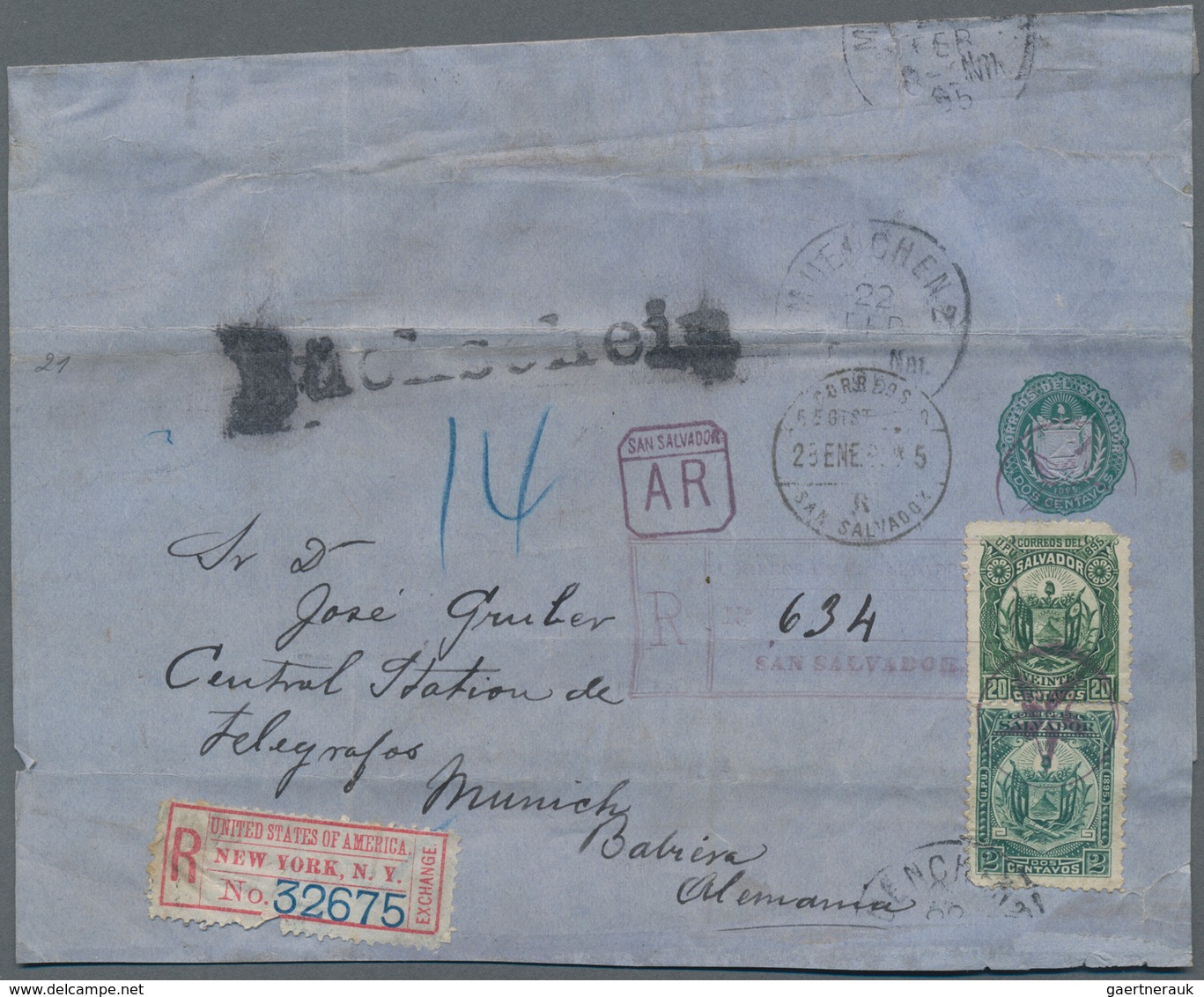 El Salvador - Ganzsachen: 1895, Stationery Wrapper Coat Of Arms 2 C Green On Bluish Paper (some Crin - El Salvador