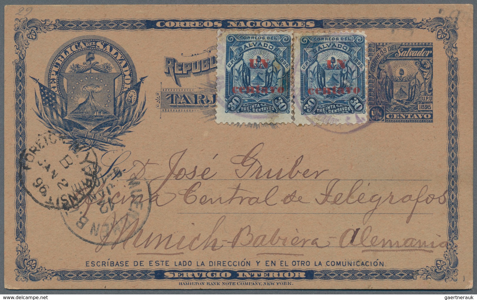 El Salvador - Ganzsachen: 1896, Two Stationery Cards: 2 C Uprated 1 C And 1 C Uprated "UN CENTAVO" O - El Salvador