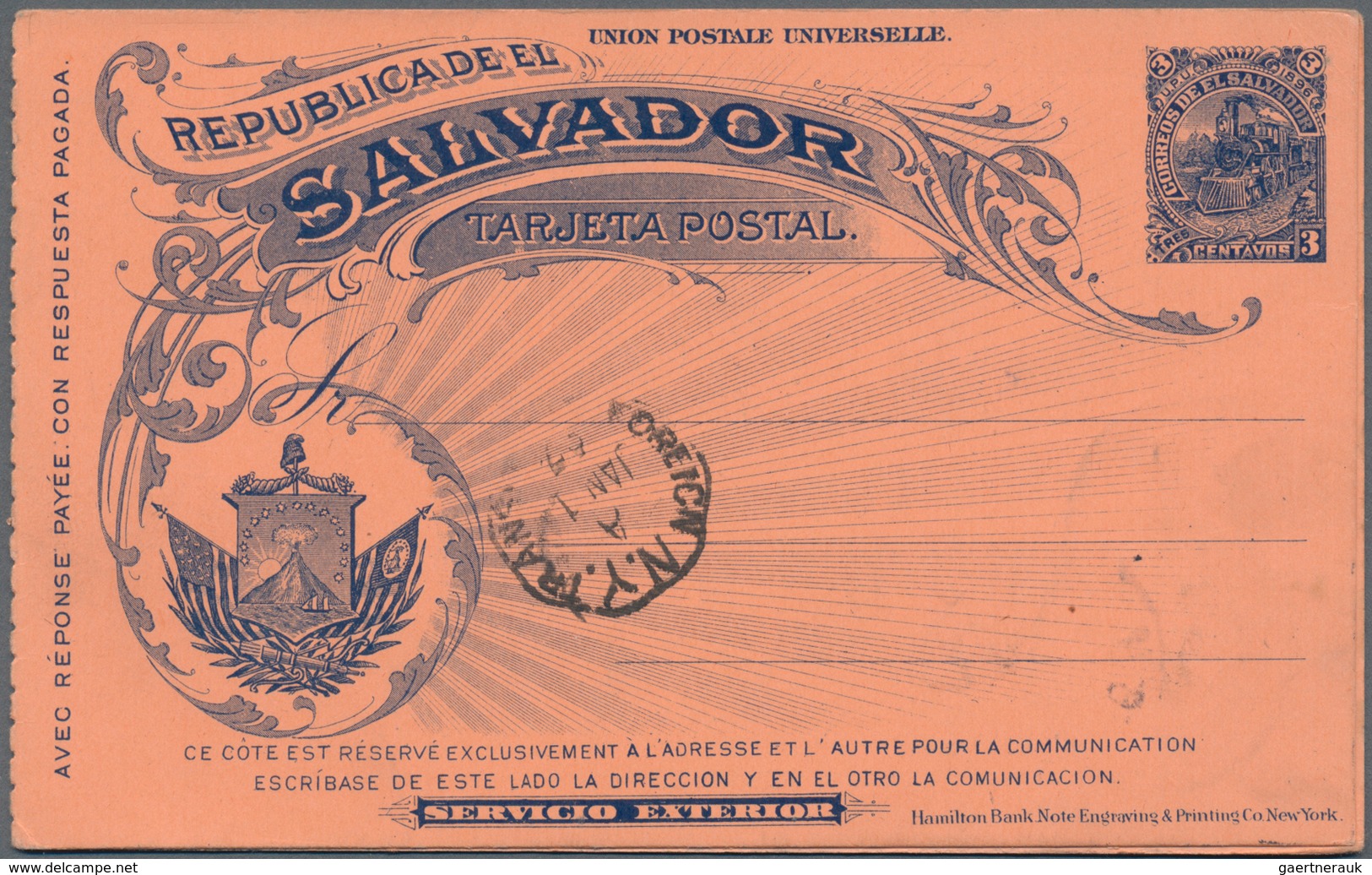 El Salvador - Ganzsachen: 1896, Stationery Double-card 3 C Sent From "SAN SALVADOR DEC 19 1896" Via - El Salvador