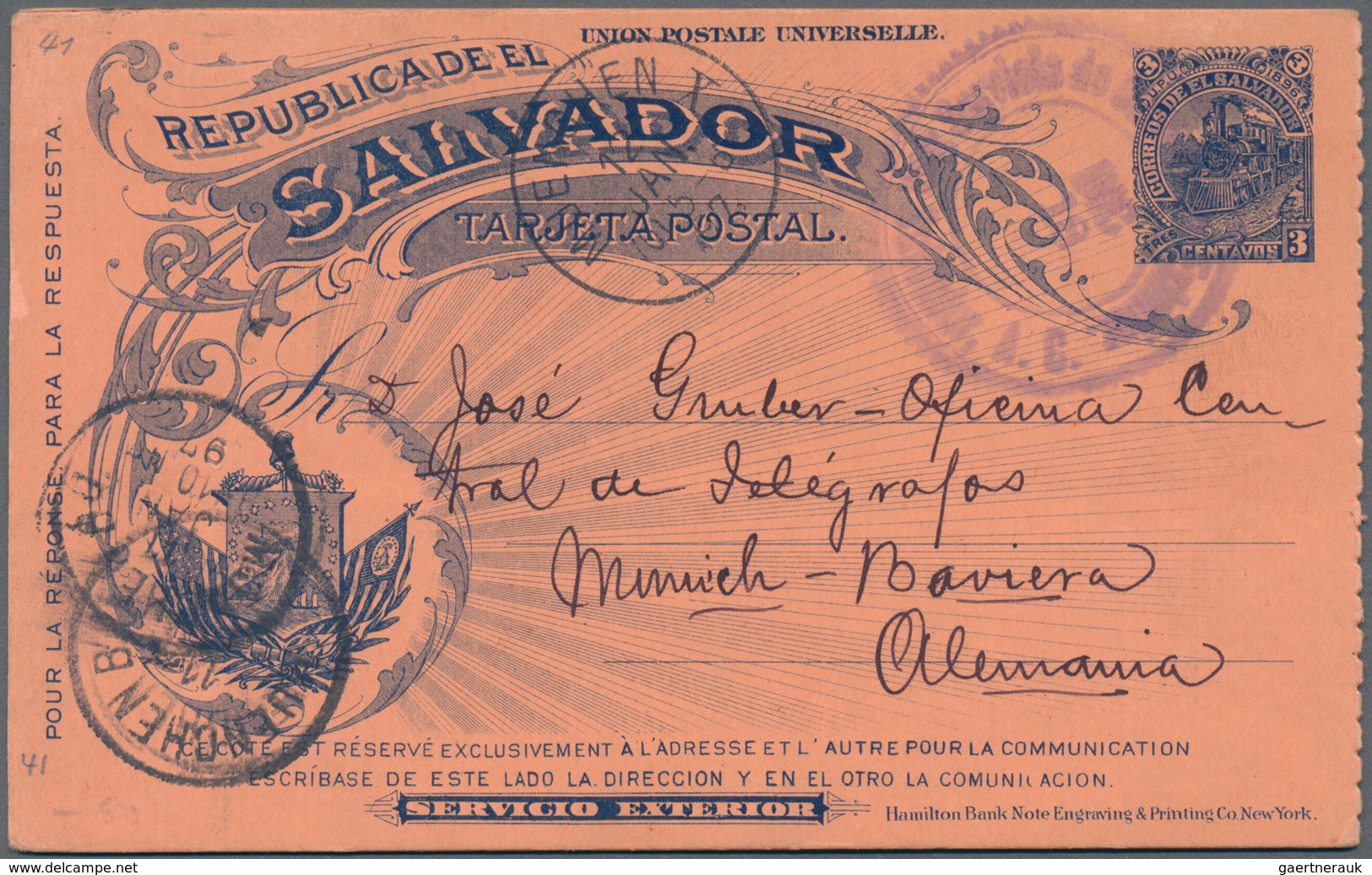 El Salvador - Ganzsachen: 1896, Stationery Double-card 3 C Sent From "SAN SALVADOR DEC 19 1896" Via - El Salvador