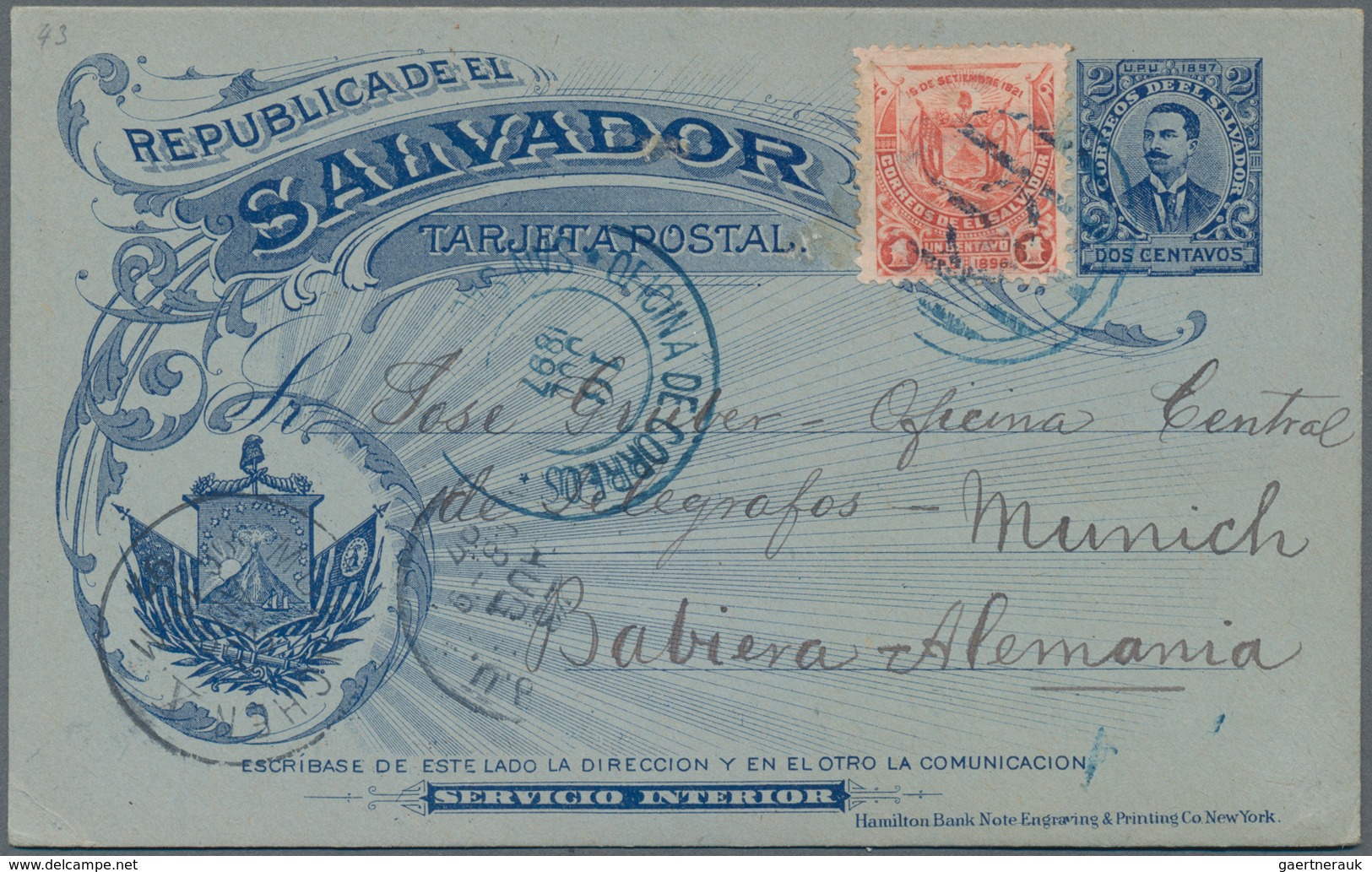 El Salvador - Ganzsachen: 1896, Stationery Card 2 C Uprated 1 C Sent From "SAN SALVADOR 16 JUL 1897" - El Salvador