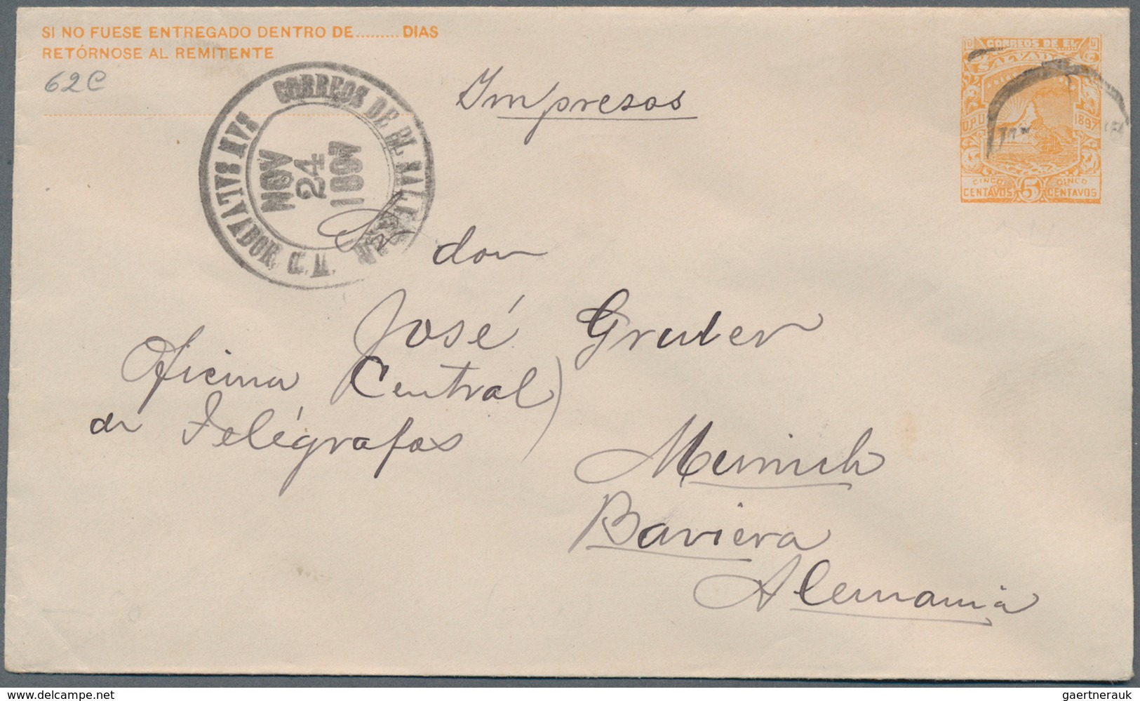 El Salvador - Ganzsachen: 1896, Two Stationery Envelopes: Volcano 5 C Blue Uprated 2x 5 C Occre-gree - El Salvador