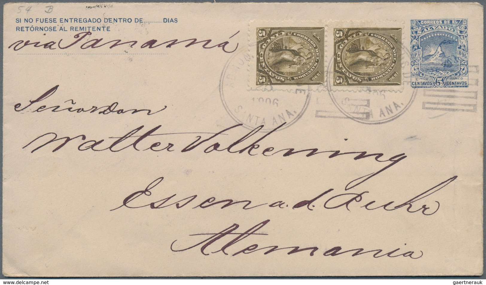 El Salvador - Ganzsachen: 1896, Two Stationery Envelopes: Volcano 5 C Blue Uprated 2x 5 C Occre-gree - El Salvador