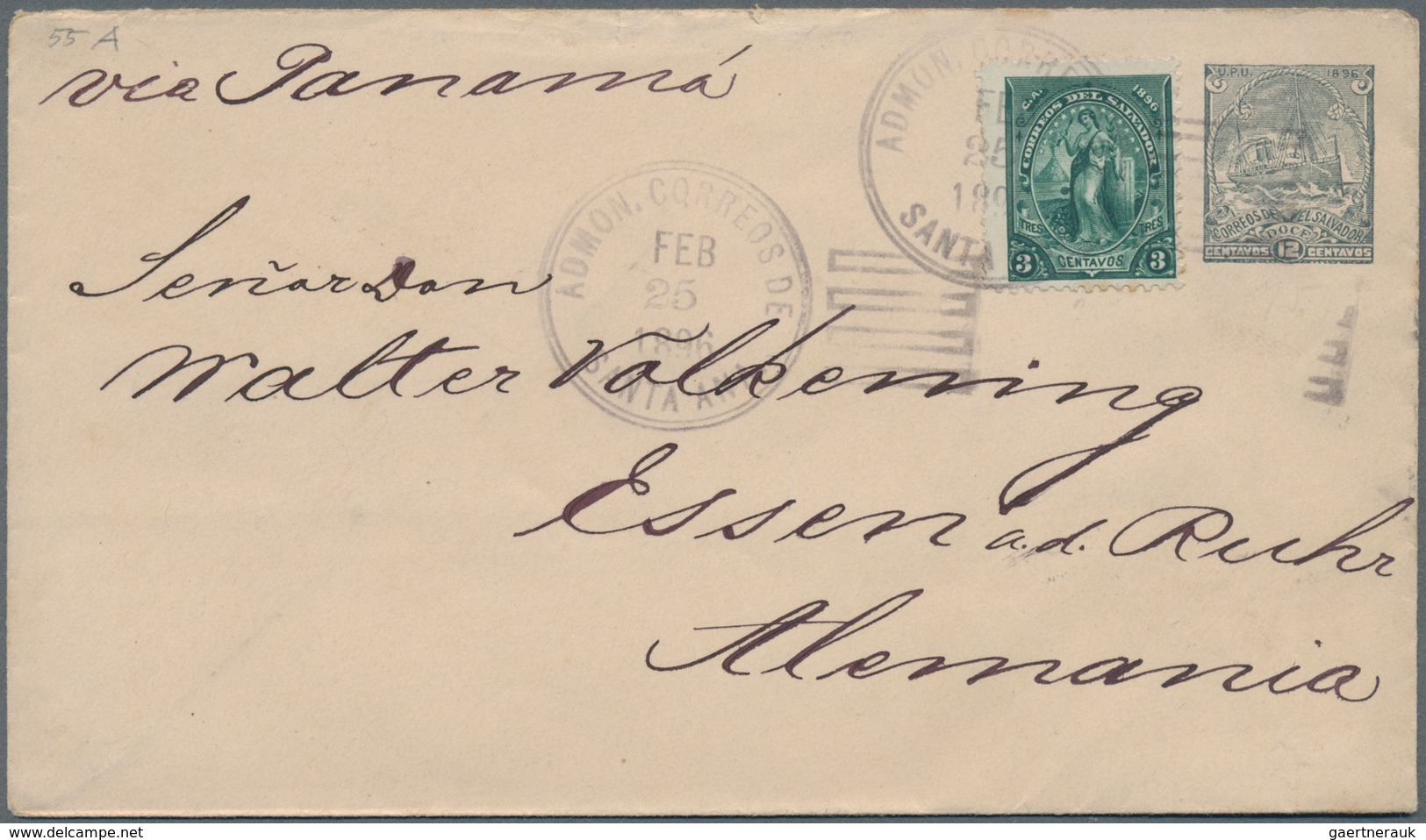 El Salvador - Ganzsachen: 1896, Stationery Envelope Ship 12 C Grey On Cream Uprated 3 G Green Sent F - El Salvador