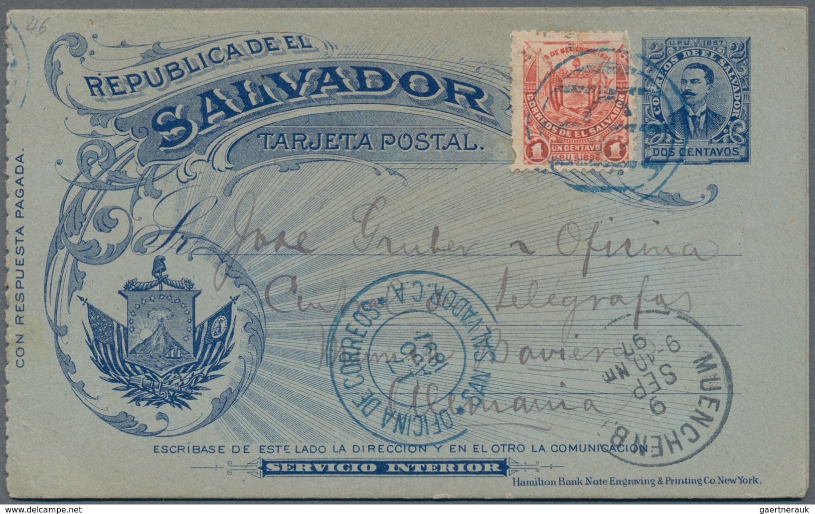 El Salvador - Ganzsachen: 1897, Stationery Double-card 2 C Uprated 1 C Sent From "SAN SALVADOR 17 AB - El Salvador