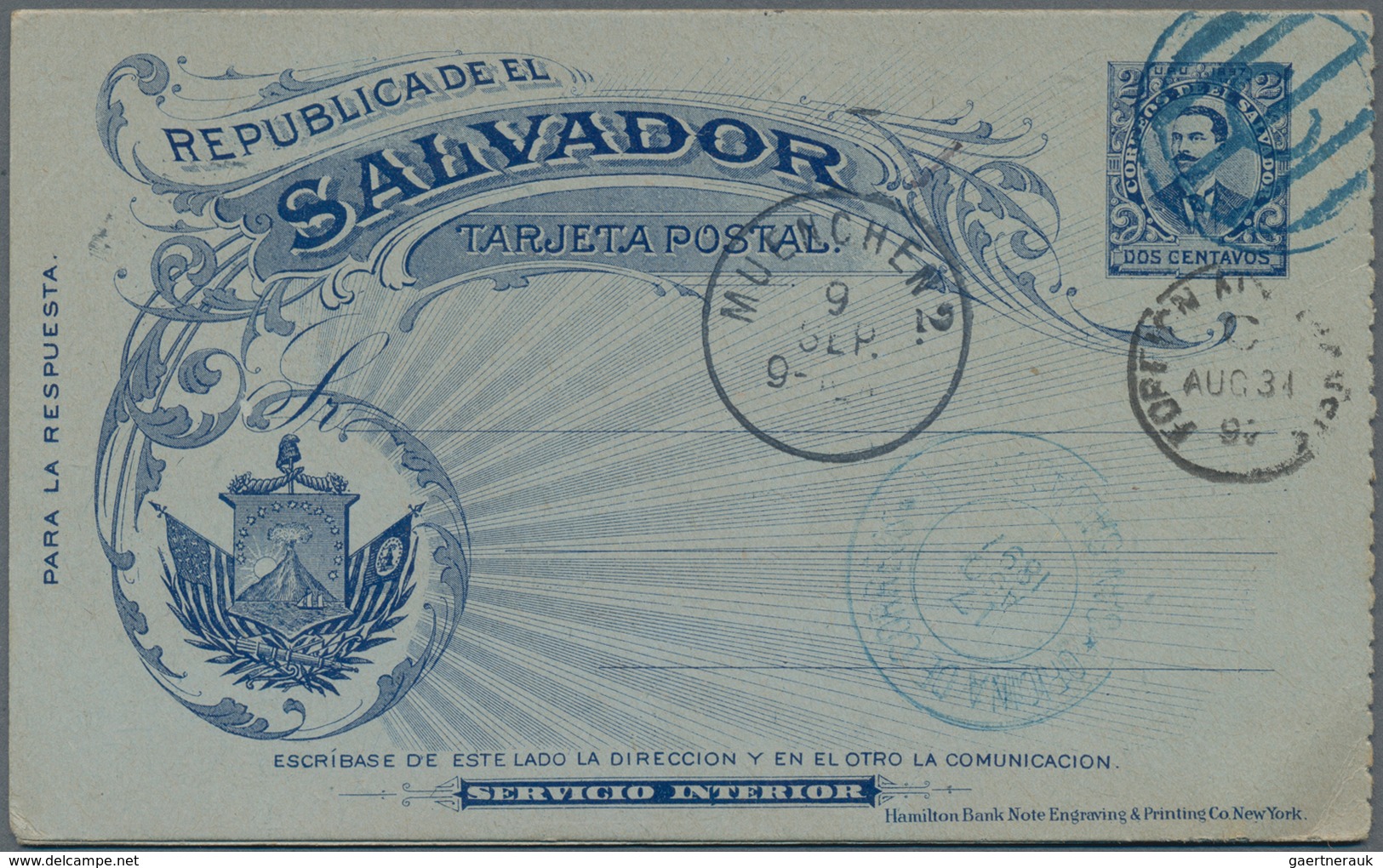 El Salvador - Ganzsachen: 1897, Stationery Double-card 2 C Uprated 1 C Sent From "SAN SALVADOR 17 AB - El Salvador