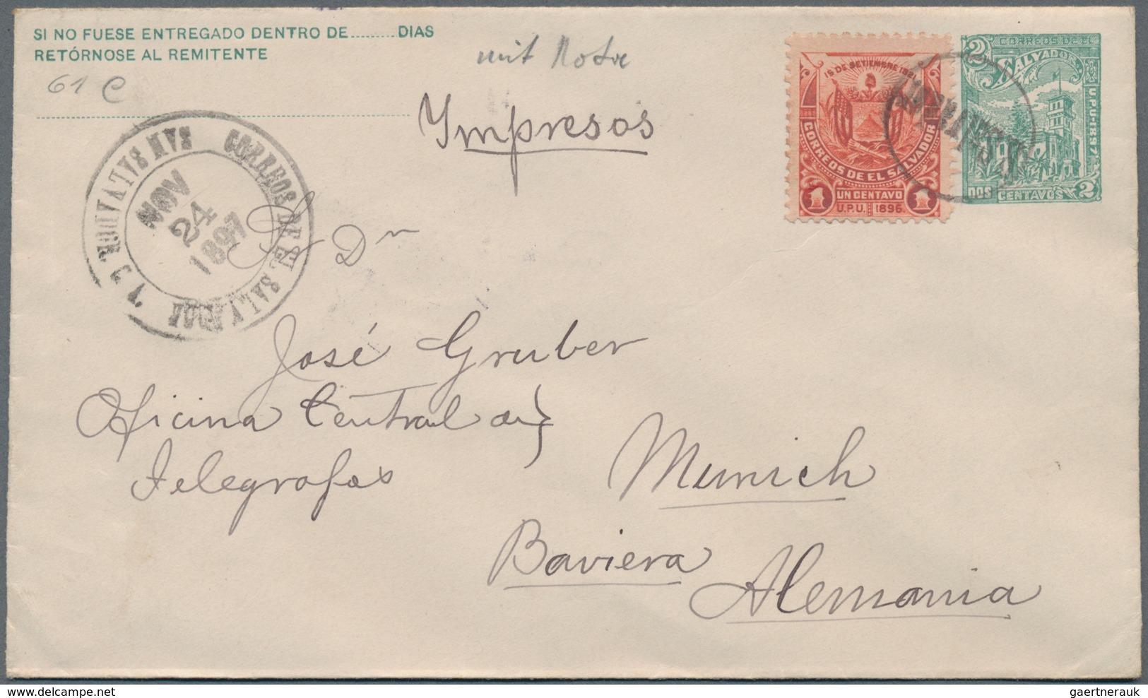 El Salvador - Ganzsachen: 1897, Two Stationery Envelopes: 1 C Carmine Uprated 2 C Green And 2 C Gree - El Salvador