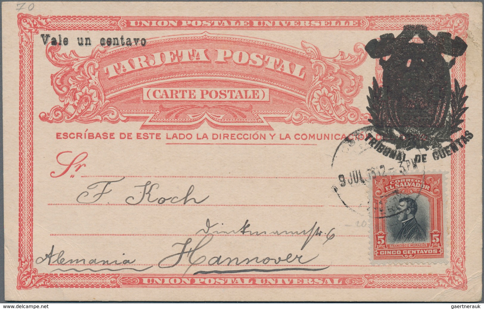 El Salvador - Ganzsachen: 1912, Two Overprinted Stationery Cards: "Vale Un Centavo TRIBUNAL DE CUENT - El Salvador