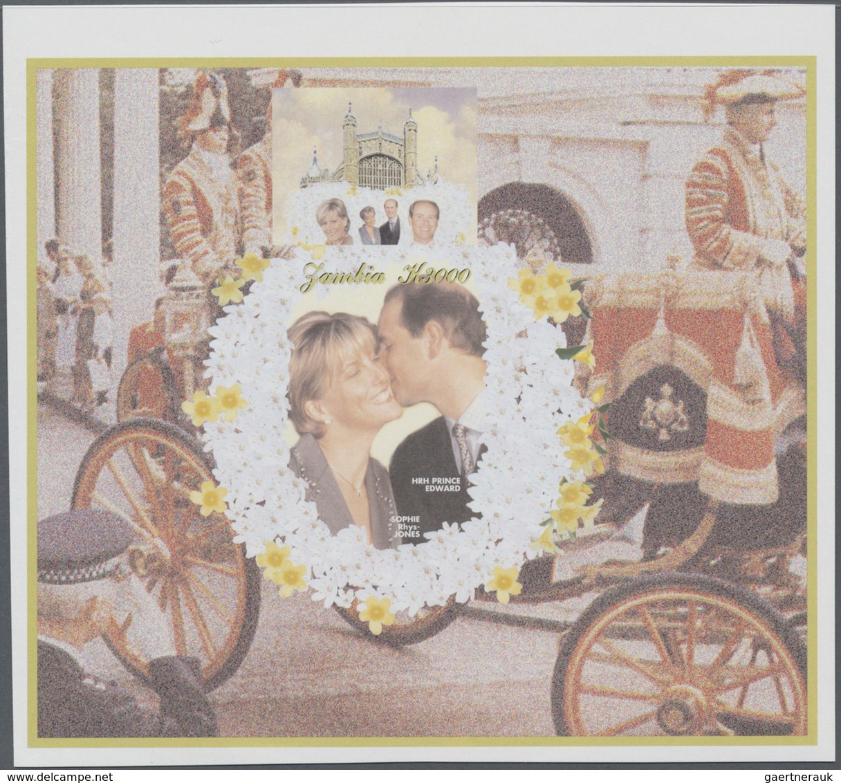 Sambia: 1999, Royal Wedding Of Prince Edward And Sophie Rhys-Jones IMPERFORATE Miniature Sheet, Mint - Zambia (1965-...)