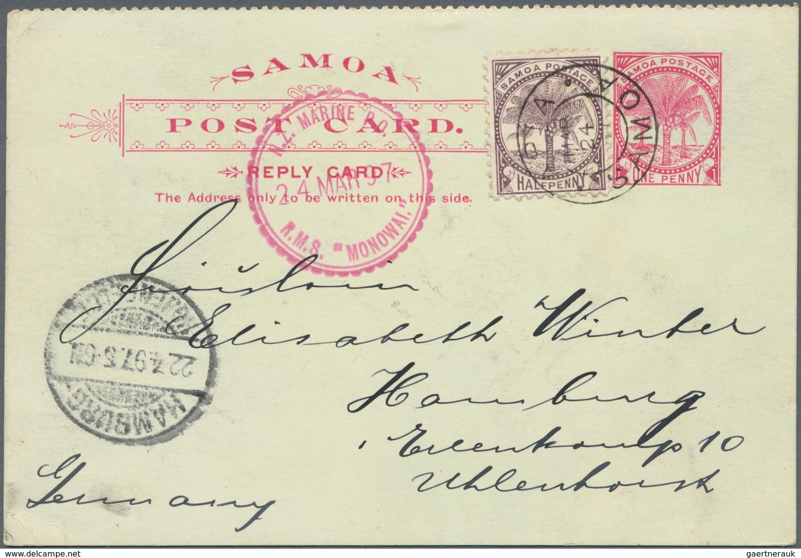 Samoa: 1886-88 Postal Stationery REPLY Card 1d. Carmine, Printed For The Private Post Of J. Davis, U - Samoa