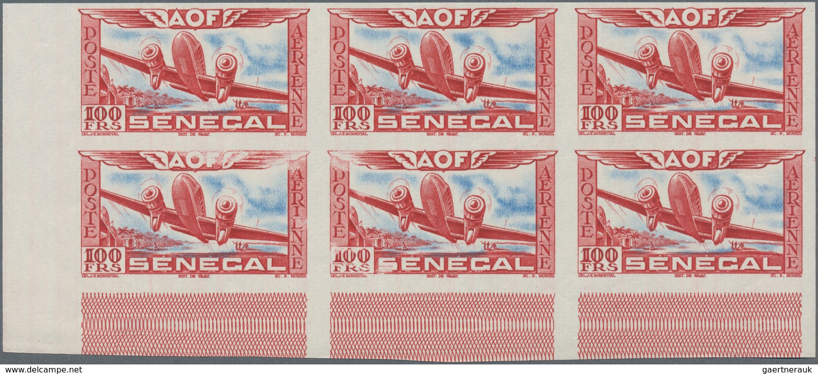 Senegal: 1942, Airmail Issue 100fr. Carmine/blue (starting Airplane) In An IMPERFORATE Block Of Six - Senegal (1960-...)