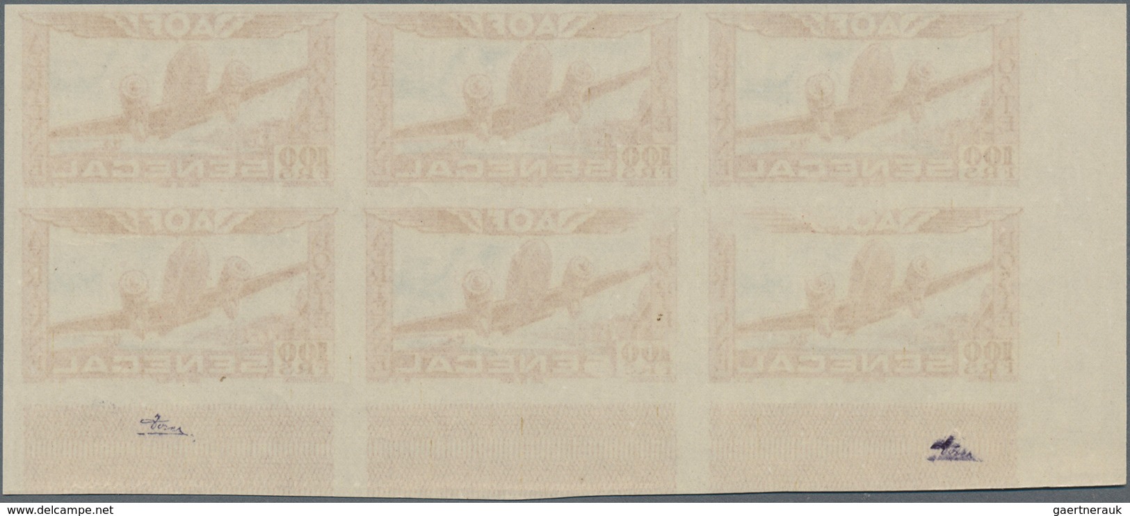 Senegal: 1942, Airmail Issue 100fr. Carmine/blue (starting Airplane) In An IMPERFORATE Block Of Six - Senegal (1960-...)