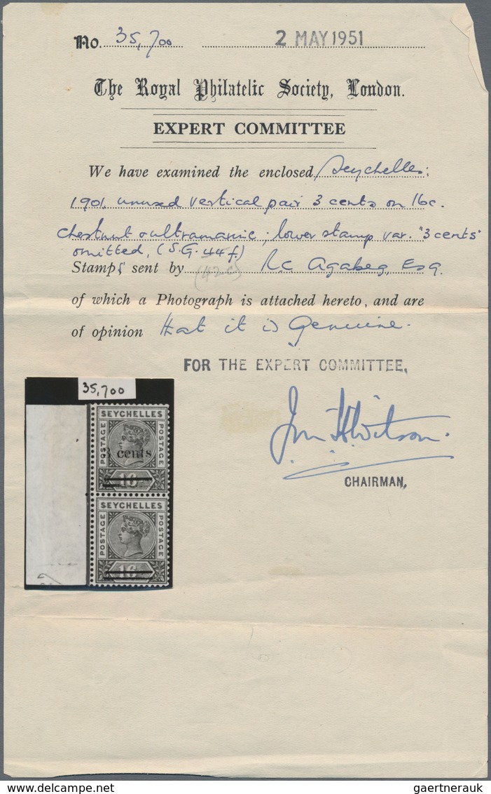 Seychellen: 1901 QV 3c. On 16c. Chestnut & Ultramarine, Left-hand Marginal Pair With Overprint Varie - Seychelles (...-1976)