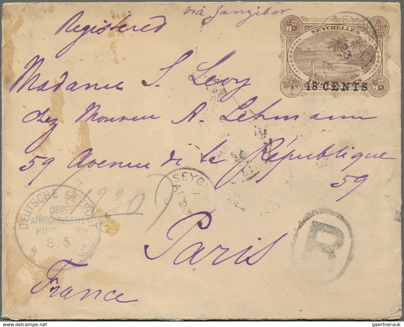 Seychellen: 1902, Stationery Envelope 18c. On 30c. Brown, Uprated On Reverse By Two Horizontal Pairs - Seychelles (...-1976)