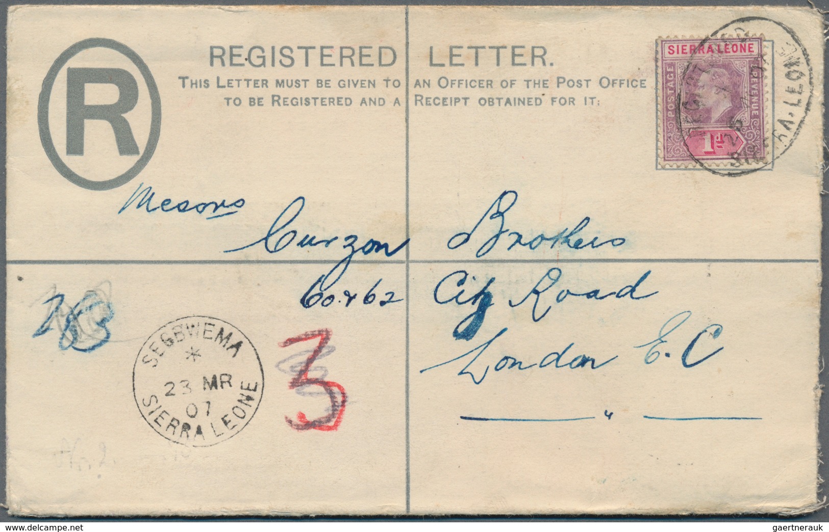 Sierra Leone: 1907 (23.3.), Registered Letter KEVII 2d. Blue Uprated With KEVII 1d. Purple/rosine Co - Sierra Leone (1961-...)