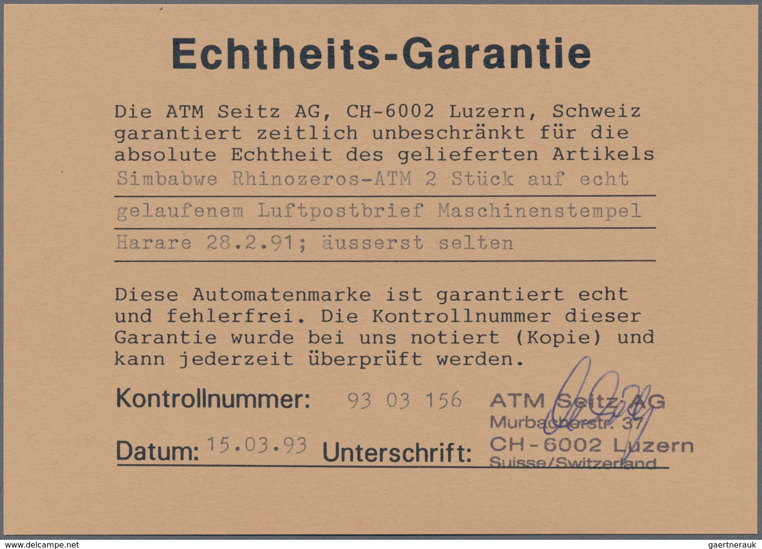 Simbabwe - Automatenmarken: 1991, RHINO PAPER, Frama FE264 Denominated $0.20 And $0.30, Two Values O - Zimbabwe (1980-...)