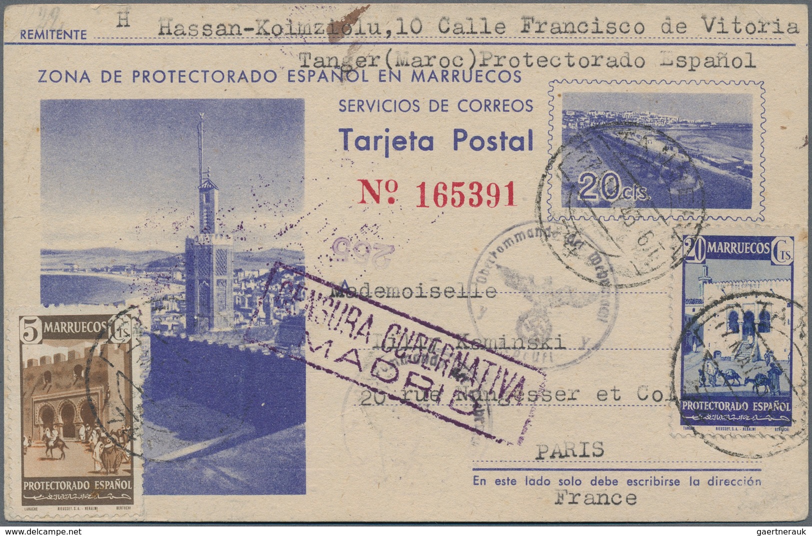 Spanisch-Marokko: 1943, Spanish Morocco Posta Stationery Card 20c Blue Upgraded With SG 353, 5c Brow - Spaans-Marokko