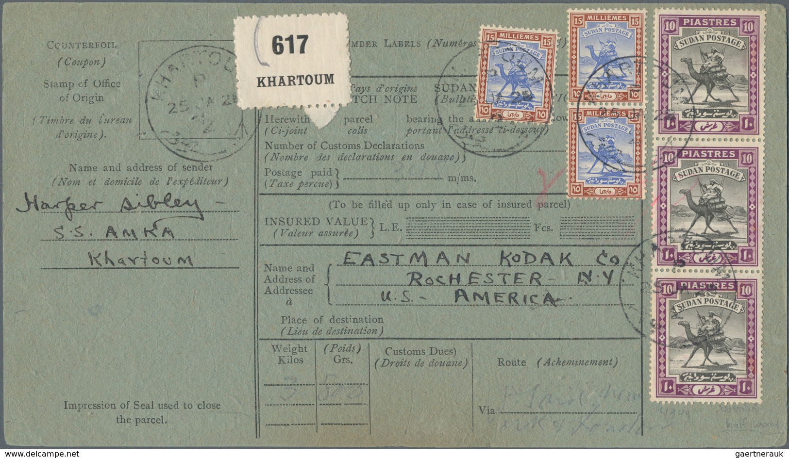 Sudan: 1911/1921, 3 X 15 M Blue/chestnut And 3 X 10 Pia Black/mauve, Mixed Franking On Parcel Card F - Soedan (1954-...)