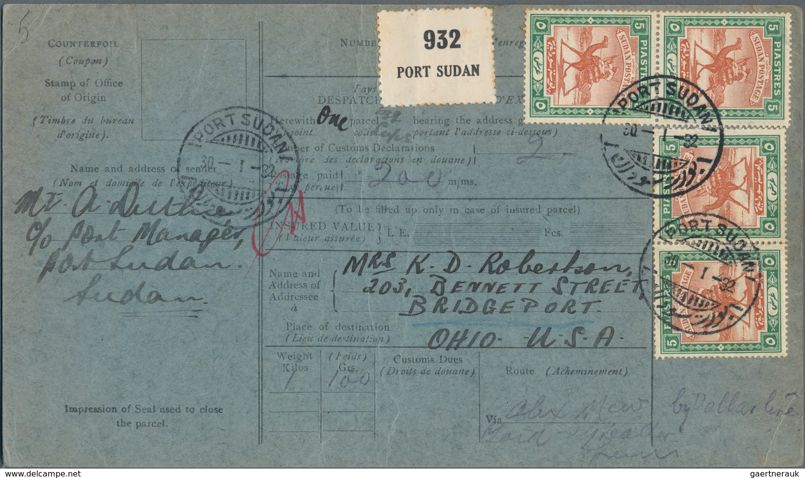 Sudan: 1927, 4 X 5 Pia Chestnut/green, Multiple Franking On Parcel Card From PORT SUDAN, 30-1-32, Se - Sudan (1954-...)