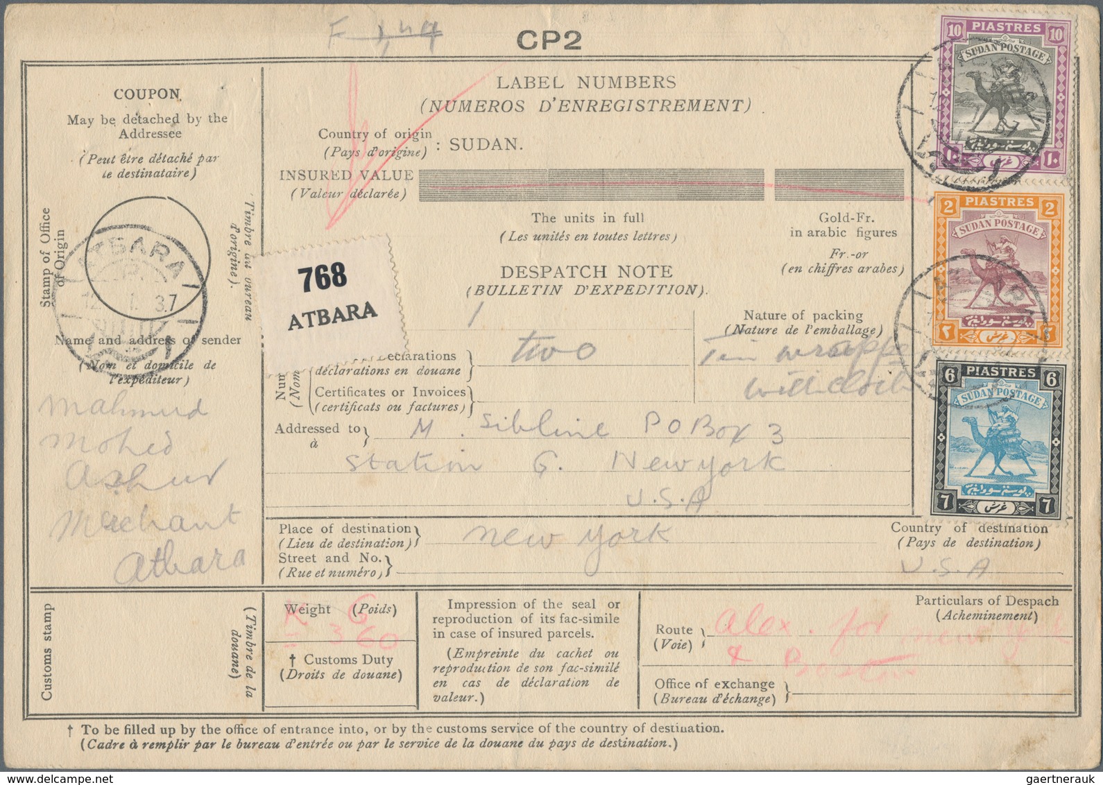 Sudan: 1937, 2 Pia Purple/orange, 6 Pia Greenish Blue/black And 10 Pia Black/purple, Mixed Franking - Sudan (1954-...)