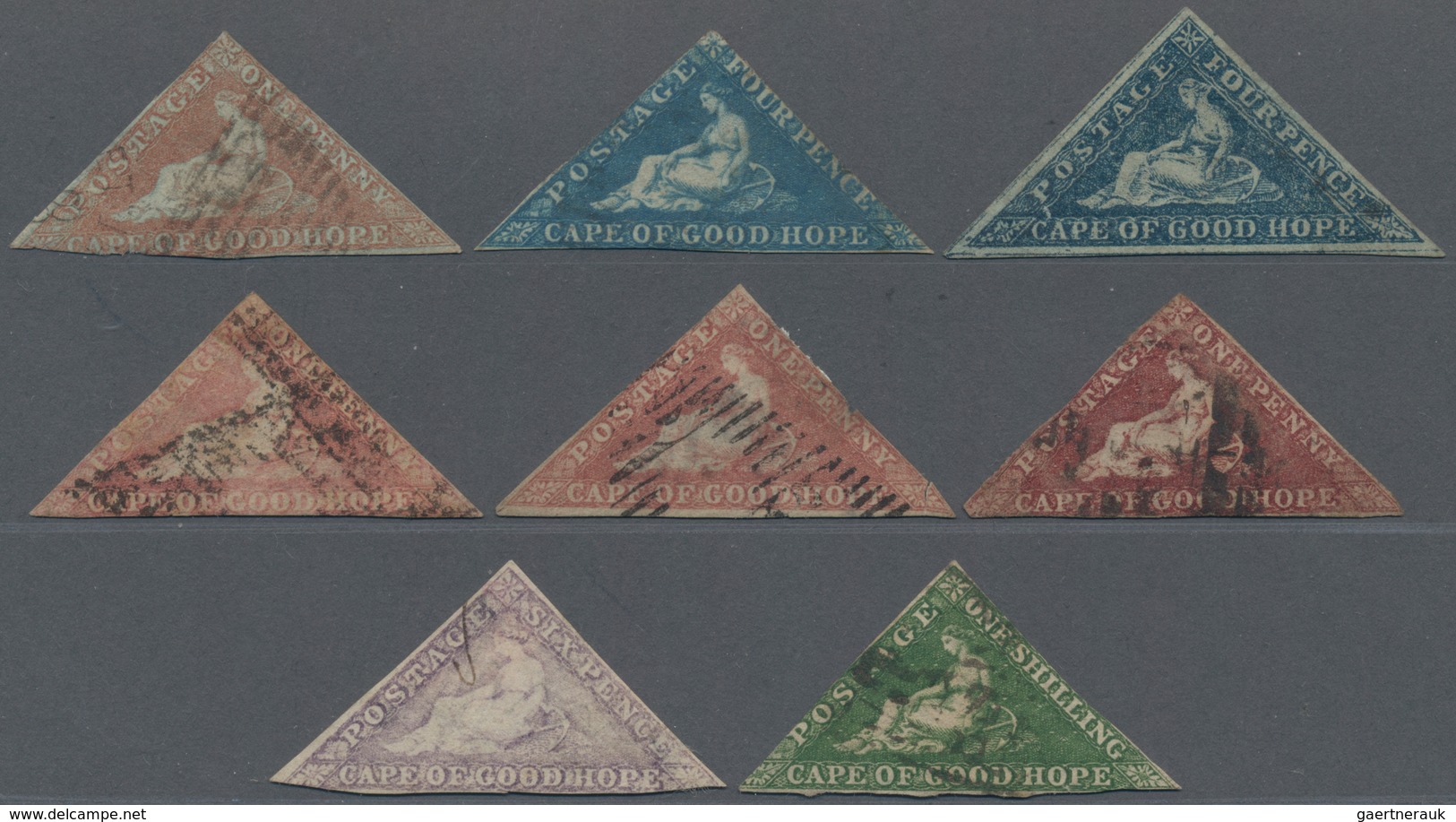 Kap Der Guten Hoffnung: 1853-63 Group Of 8 Triangles, With 1d. And Two Of 4d. On More Or Less Blued - Kap Der Guten Hoffnung (1853-1904)
