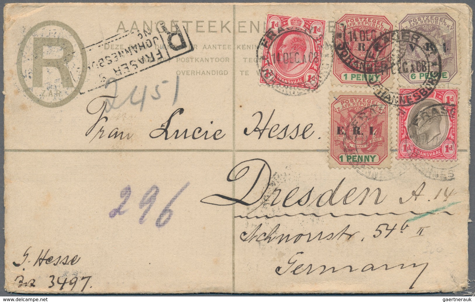 Transvaal: 1908 (14.12.), Registered Letter 4d. Olive-green Optd. 'V.R.I.' Uprated With Five Differe - Transvaal (1870-1909)